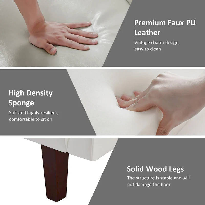 74.4 L Faux Leather Full Handcrafted Button Tufted Sofa 3-Seat, Convertible Sleeper Couch Adjustable Backrest