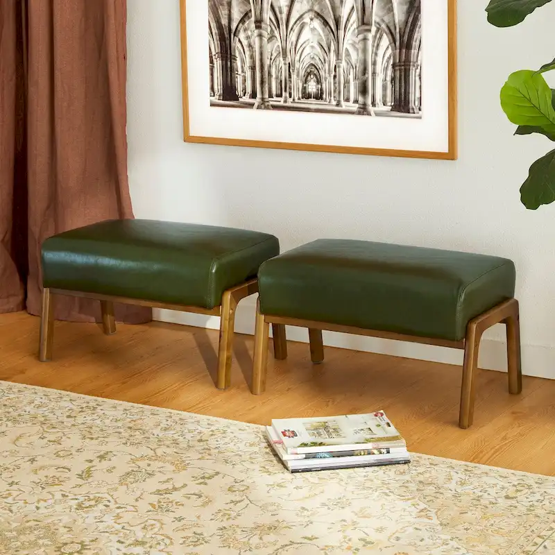 Brown Mid-Century Faux Leather Ottoman Accent Stool, Set of 2
