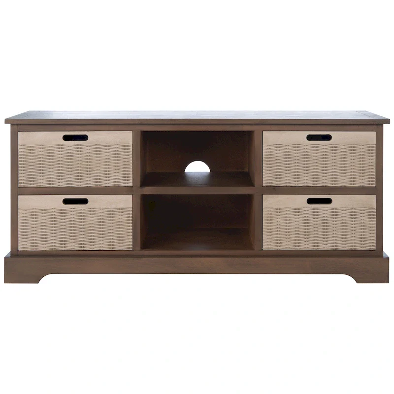 Farmhouse Media TV Stand – Brown / Sand / Black / Distressed White – 2-Shelf 4-Drawer