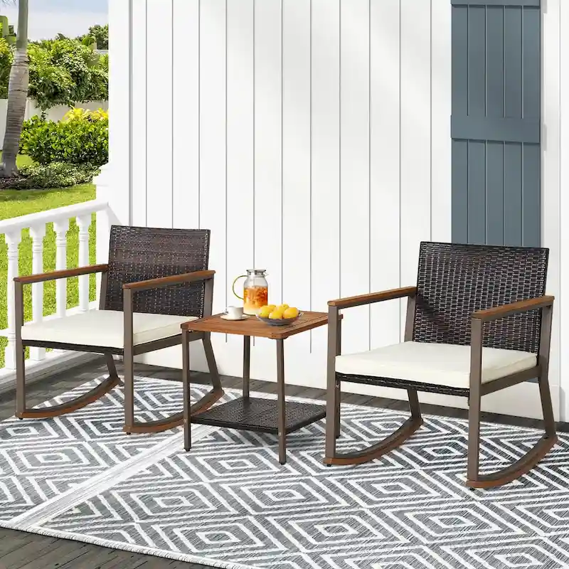 3 Pieces Rocking Bistro Set, Patio Rattan Furniture Conversation Chairs with Coffee Table & Cushions for Balcony Porch Poolside