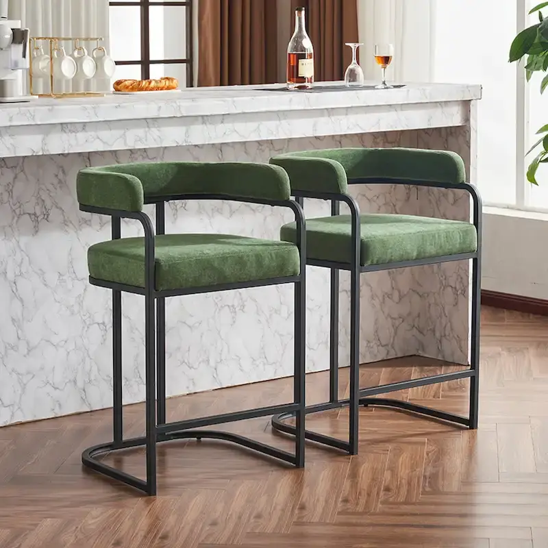 Fabric Upholstered Bar Stools Set of 2, Counter Height Bar Stools with Barrel Back, Dining Chair with Metal Frame and Arms