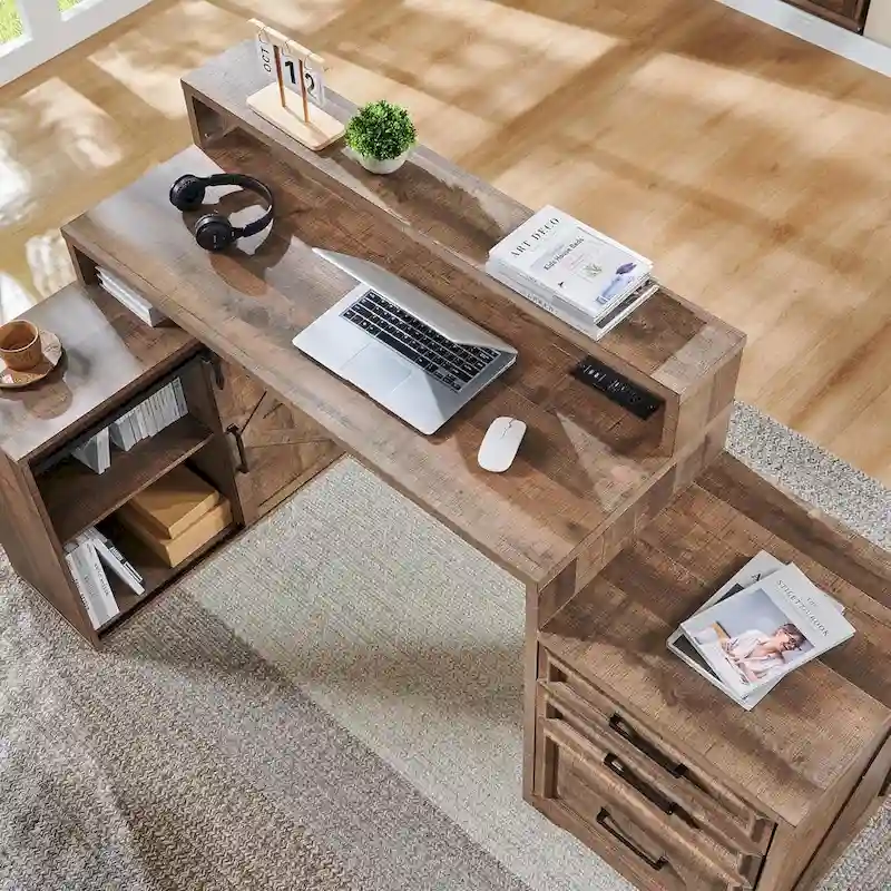 Modern Farmhouse Home Office Desk, Computer Desk with File Cabinet