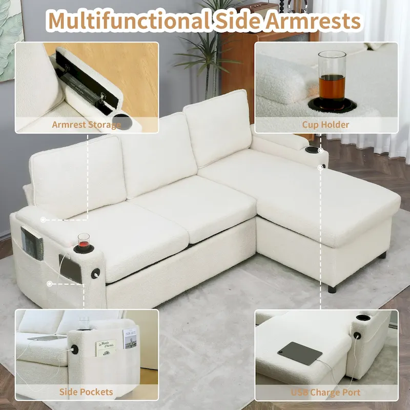 80 L-Shaped Sofa Couch Bed, Sofa Sleeper with Pull Out Bed, Reversible Sleeper Sofa Bed