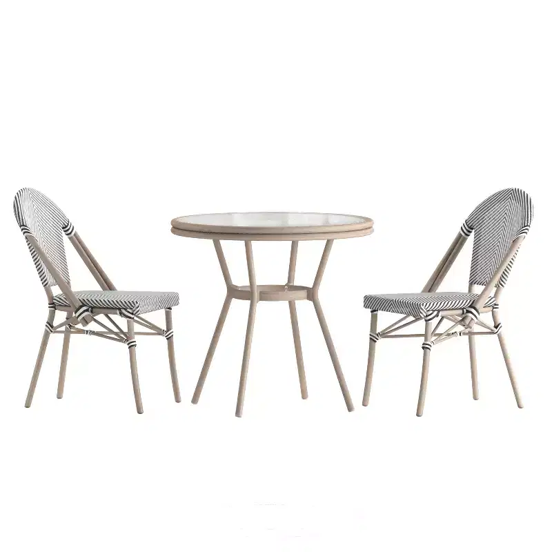 Merrick Lane Mael Bistro Style Table with Glass Top, Textilene, 2 Stack Chairs, and Bamboo Finished Metal Frame for Indoor/Outdoor Use