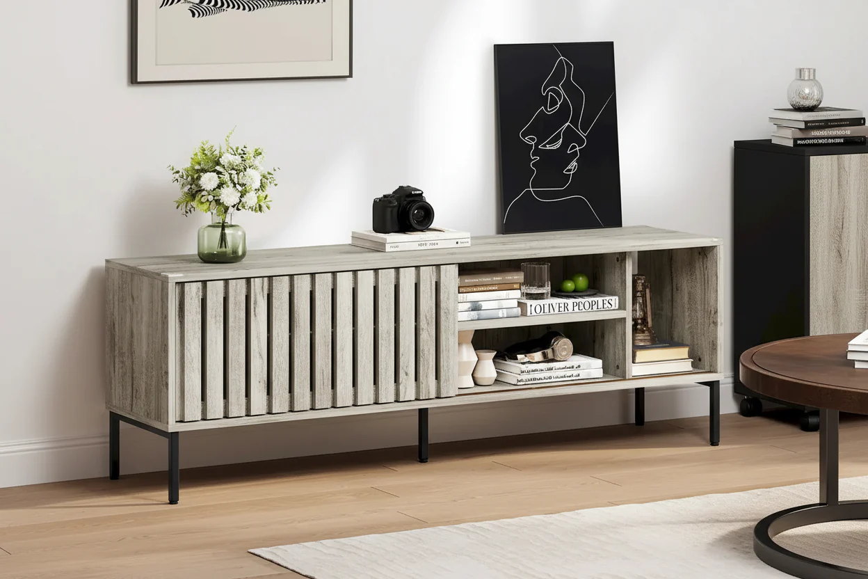 Moasis 64TV Stand Hollow Sliding Door Entertainment Center Adjustable Shelves TV Console - 64L x 15.4W x 22.5H