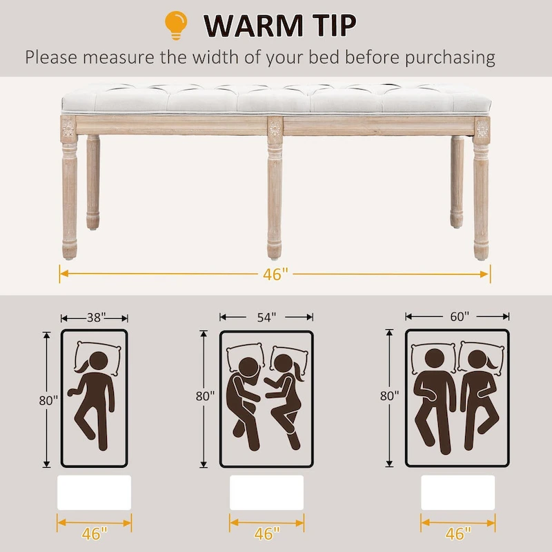 HOMCOM 46 Upholstered Cream White Bedroom End of Bed Bench with Button Tufted, Thick Padding and Wood Legs