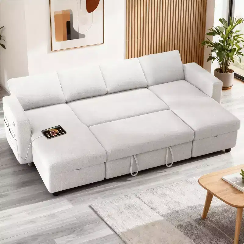 Dyonery 105-inch four-seat pull-out bed with storage space and side pockets, adjustable backrest, convertible sofa bed, Chenille