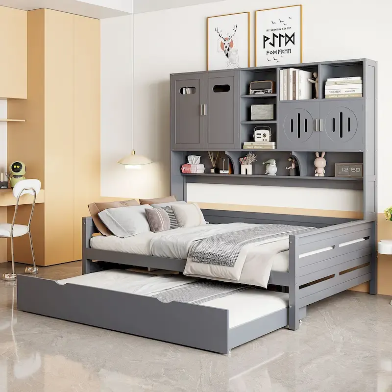 White Full Size Daybed with Twin Trundle, Storage Shelves & Cabinet, Sleeps 2