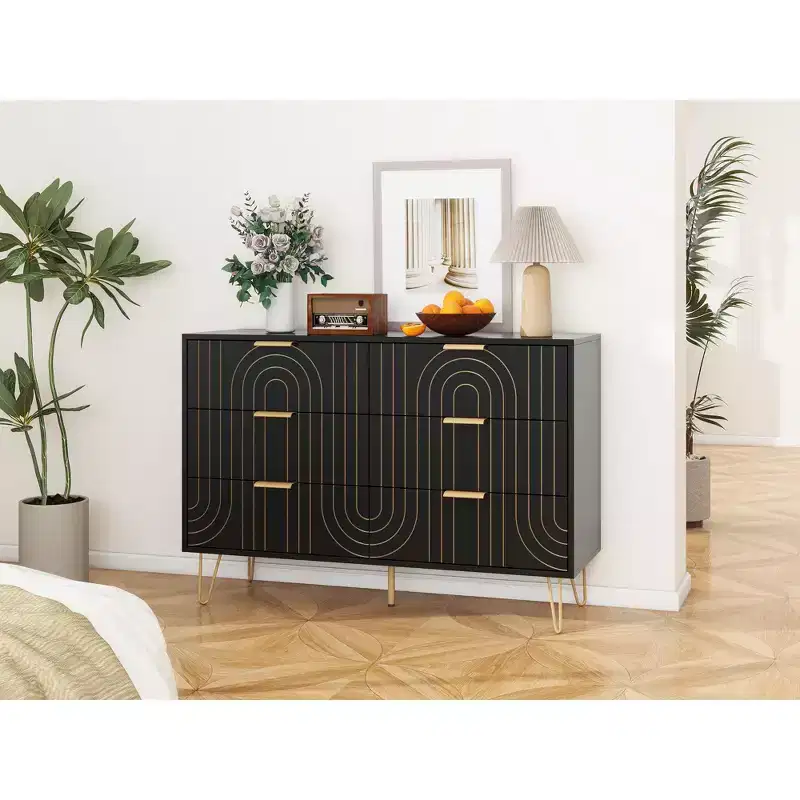 6 Drawers Dresser For Bedroom, Wood 6 Chest Of Drawer With Metal Handle, Curved Designed Storage Dresser For Home Office, Living Room, Bedroom Black