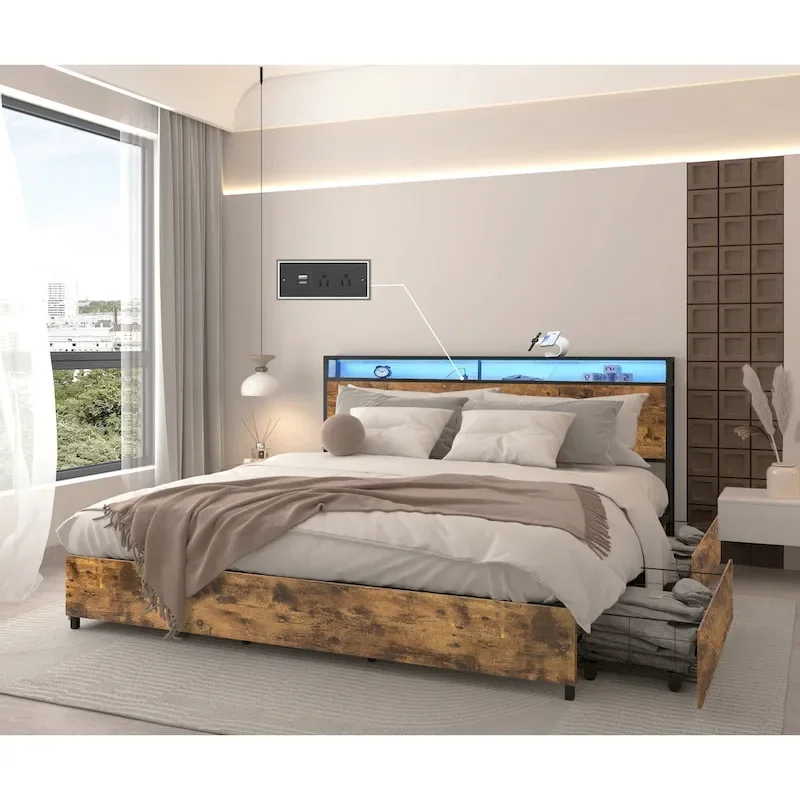 Queen Size Smart Storage Bed with LED Lights and Charging Station, 4 Drawers
