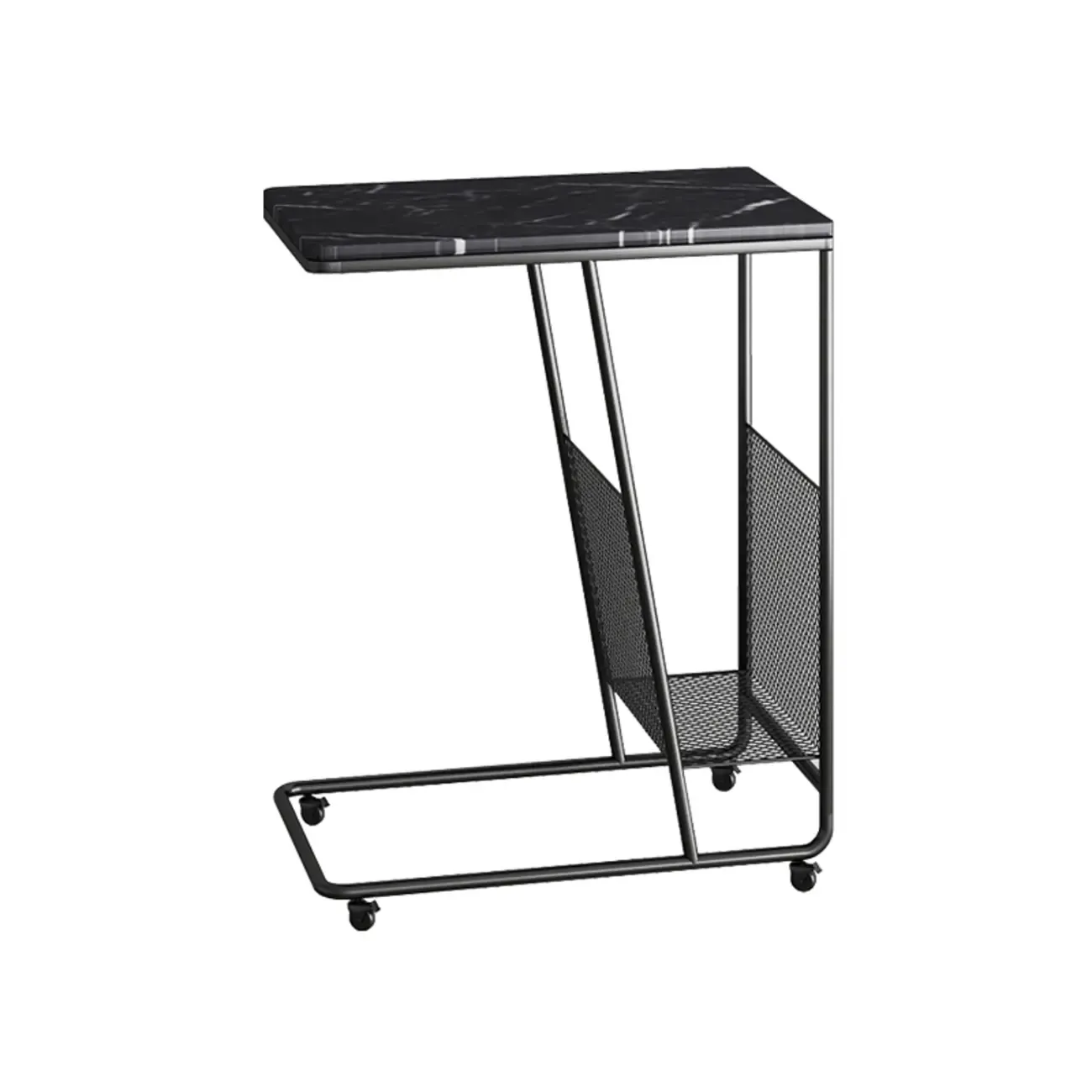 Metal C-Shaped Marble Top End Table with Magazine Rack