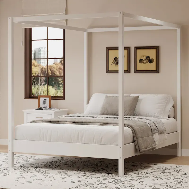 Canopy Bed Frame Wooden Four Poster Platform Bed with Wood Slats Support, No Box Spring Needed, No Headboard, Low Profile Bed