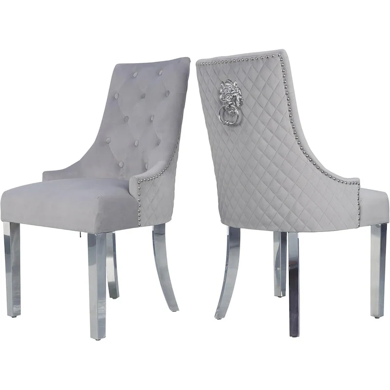 Velvet Dining Chairs Set of 2, Upholstered Tufted Nailhead Dining Room Chairs with Stainless Steel Legs & Lion Head Pull Ring