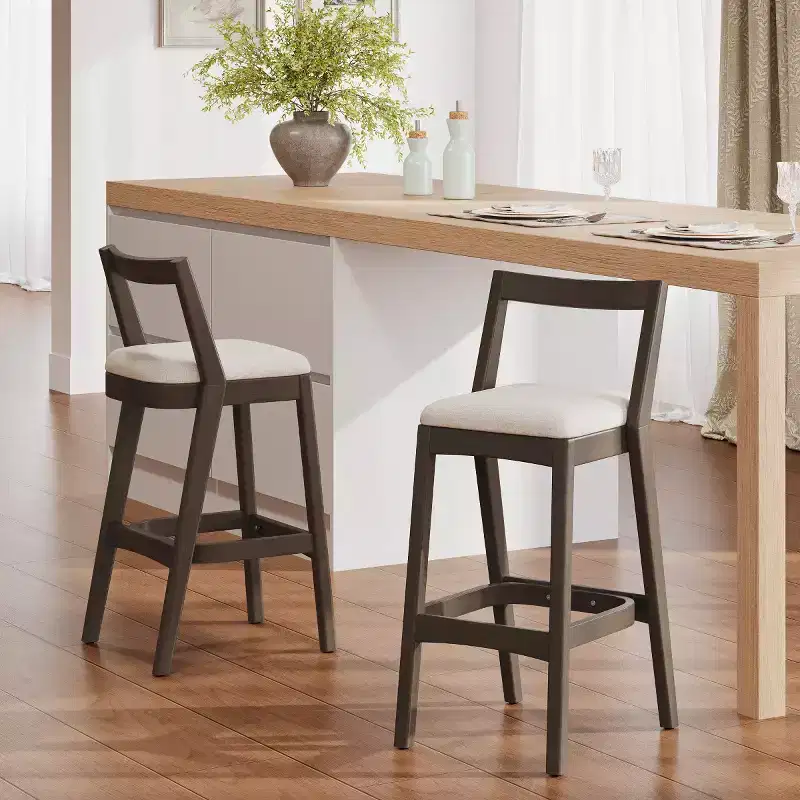Set of 2 Modern Wooden Bar Stools with Curved Back, Beige Upholstered Seat, 30 Seat Height Stools for Kitchen Island or Home Bar-Panipeachy