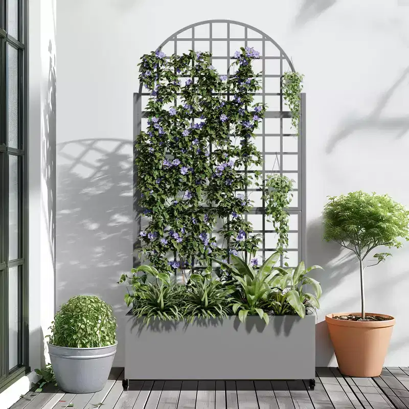 Iron Art Gray Arched Planter Box with Climbing Frame (Checkerboard Pattern) - 180x90x40cm