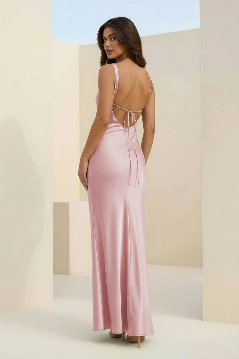 Red Cowl Neck Sleeveless Sheath Satin Backless Long Prom Dresses