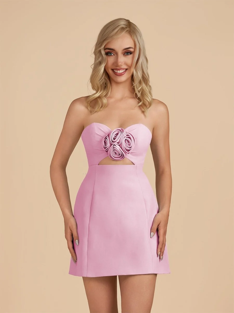 Pink - Sheath Strapless Flowers Cutout Short Homecoming Dresses