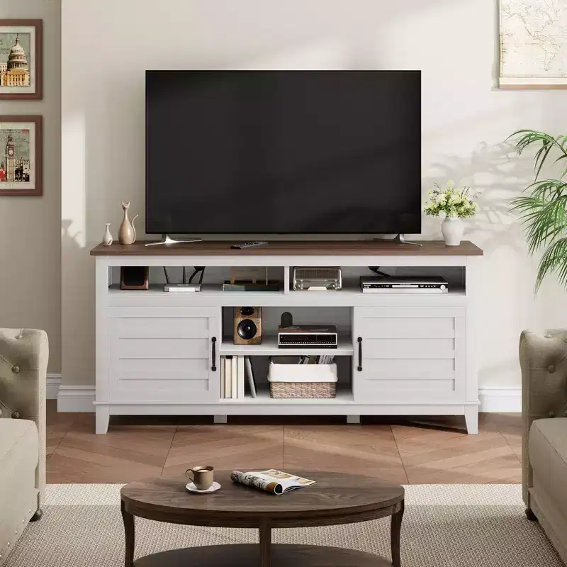 TROPOW Modern TV Stand TV Semi-Open Double Door Cabinet with Adjustable Shelves  Entertainment Center with 8 Storage Compartments