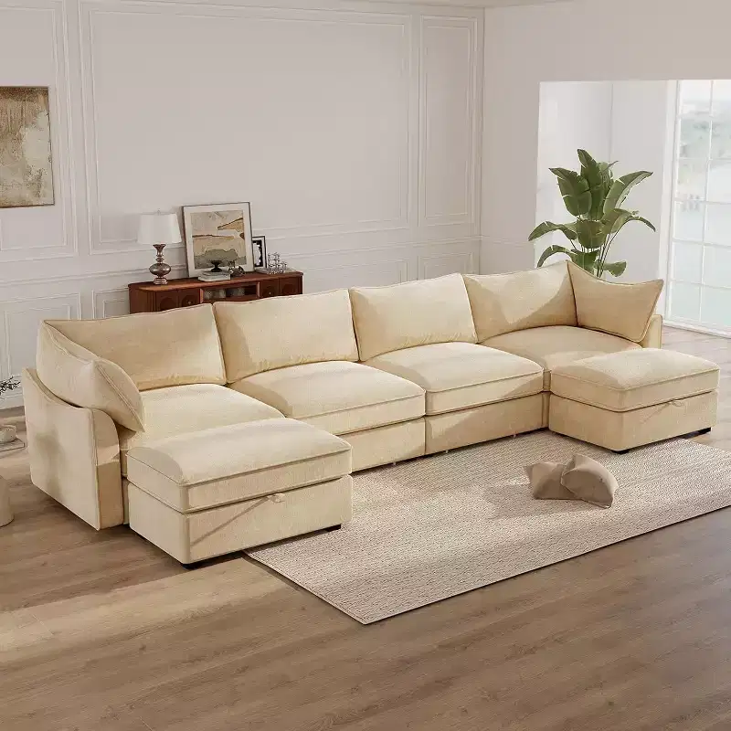 MooxvMoo 146in U Shaped Couch with Storage, Chenille Sofas for Living Room,Sectional Couch w/ Pull Out Drawer & Throw Pillows & Storage Ottoman,Wheat
