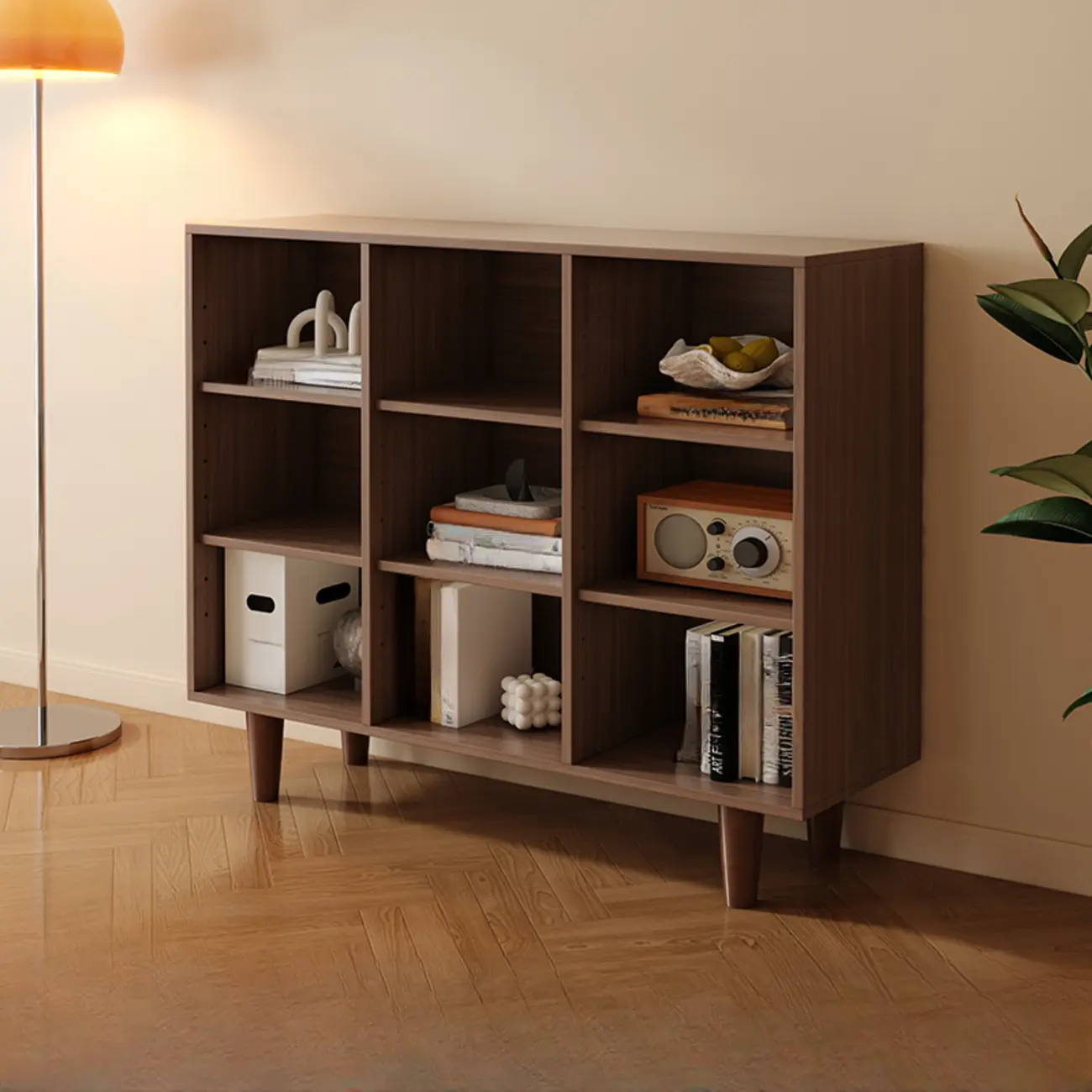 Wide 7-Shelf Modern Wooden Nut-Brown Open Bookcase