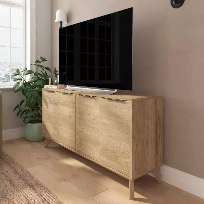 Merrick Lane Mid-Century Modern Four Door Buffet, TV Stand with Shelving