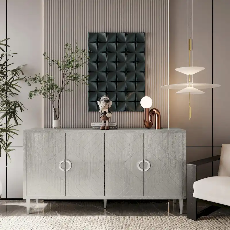4-Door Storage Cabinet, Pine Legs, Champagne/Navy Blue