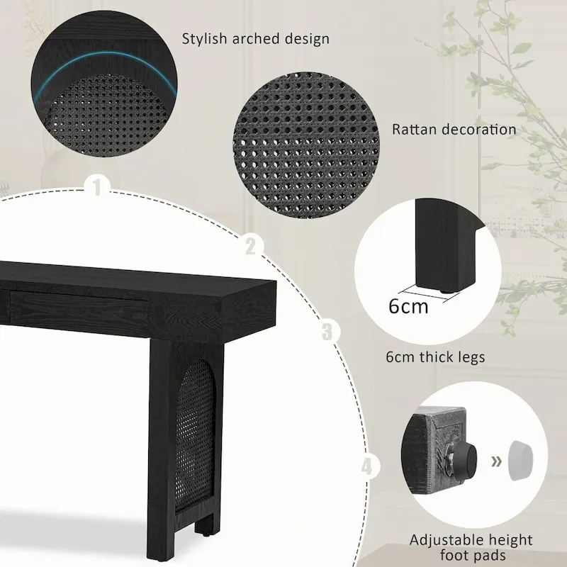 Narrow Console Table with Rattan Accent(Antique Black)