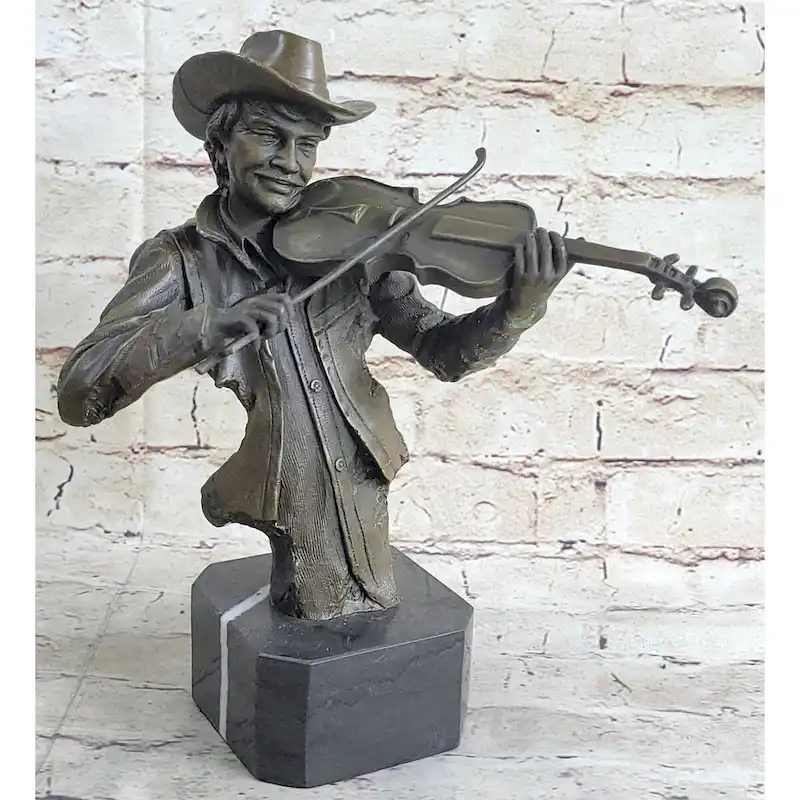 Cowboy Playing Violin Fiddle Music Bronze Sculpture Marble Statue Figurine