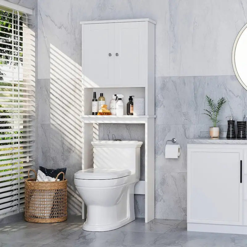 Over-Toilet Storage Cabinet, Wooden/Glass, Black/White/Grey