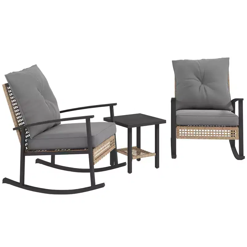 Outsunny 3 Pieces Patio Bistro Set, Wicker Furniture Set with Button Tufted Cushions, Rattan Rocking Chairs and Coffee Table