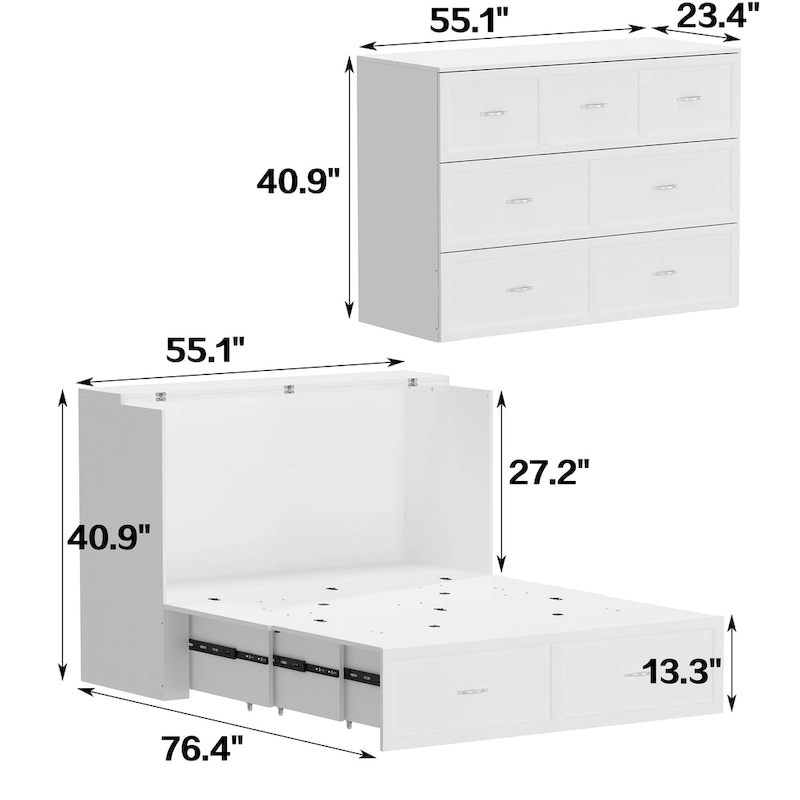 Modern Wood Full Murphy Bed Chest in White Finish Dresser 2-1 Cabinet