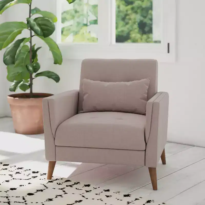 Emma and Oliver Upholstered Mid-Century Modern Arm Chair with Tufted Seat and Back, Pocket Spring Support and Wooden Legs