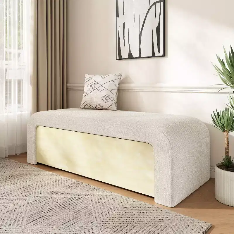 TUYOHW Sleek Curved Ottoman Bench with Drawer,Plush Boucle End-of-Bed Storage Bench for Bedroom and Living Room,300lbs Capacity,Light Brown/White