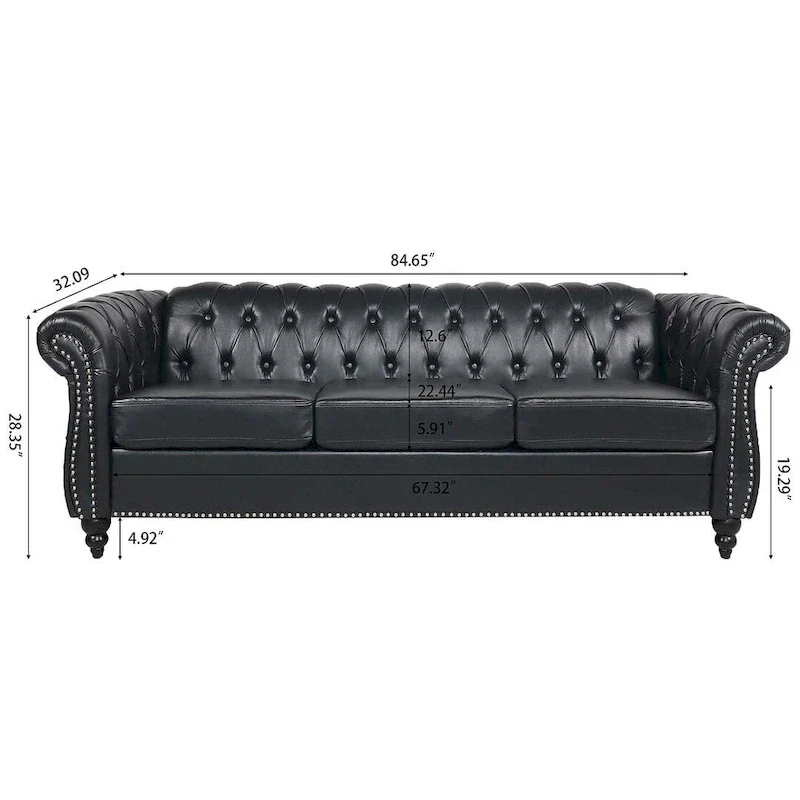 84.65 Chesterfield Tufted Faux Leather Sofa with Rolled Arms
