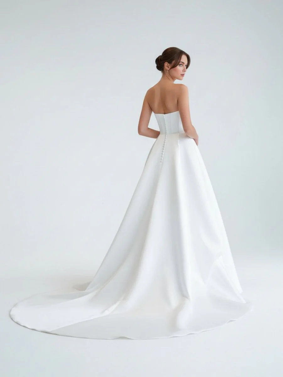A-Line Strapless White Satin Wedding Dresses with Slit