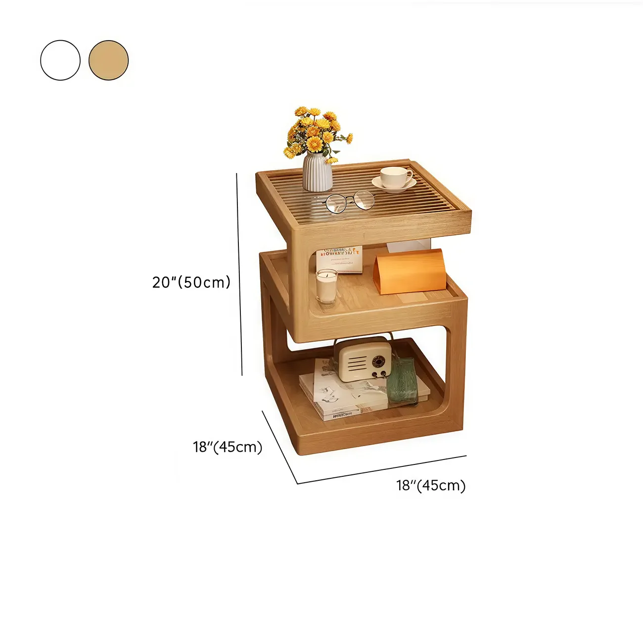 Elegant Narrow 3-Tier Natural Wood Nightstand with Glass Top