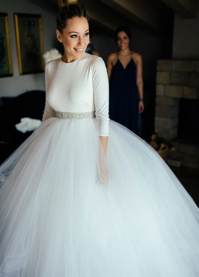 Spandex 3/4 Sleeves Covered-Button Wedding Dresses with Rhinestones Belt