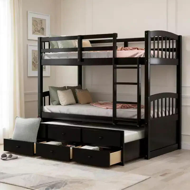 Luxystar Modern Twin Over Twin Bunk Bed With Trundle and 3 Drawers