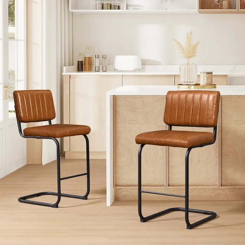 Brown Faux Leather Counter Stool with Chrome Frame