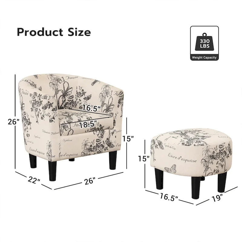 Classic Barrel Accent Chair Upholstered in Soft Polyester Fabric Footrest included