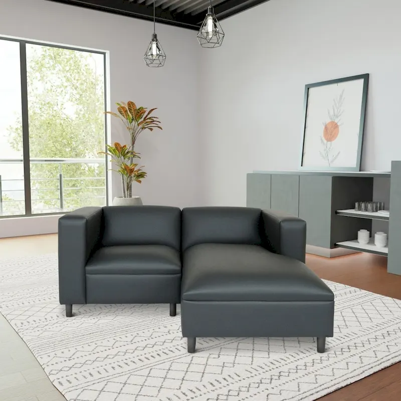 Mid Century Modern L Shaped Sofa Faux Leather Solid Wood Frame Upholstered