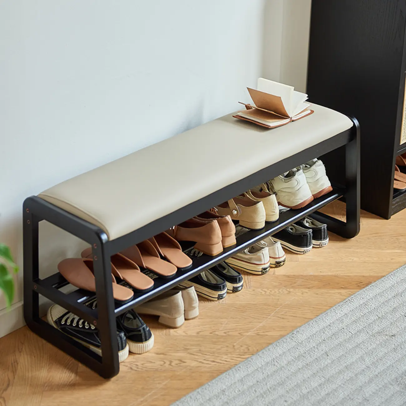 Black Upholstered Wood Frame Entryway Bench with Storage