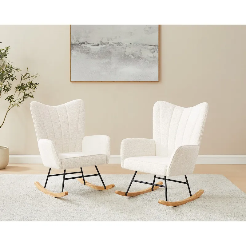VANOMi 26.77 Wide Boucle Upholstered Nursery Rocking Chair with Wood Legs (Set of 2)