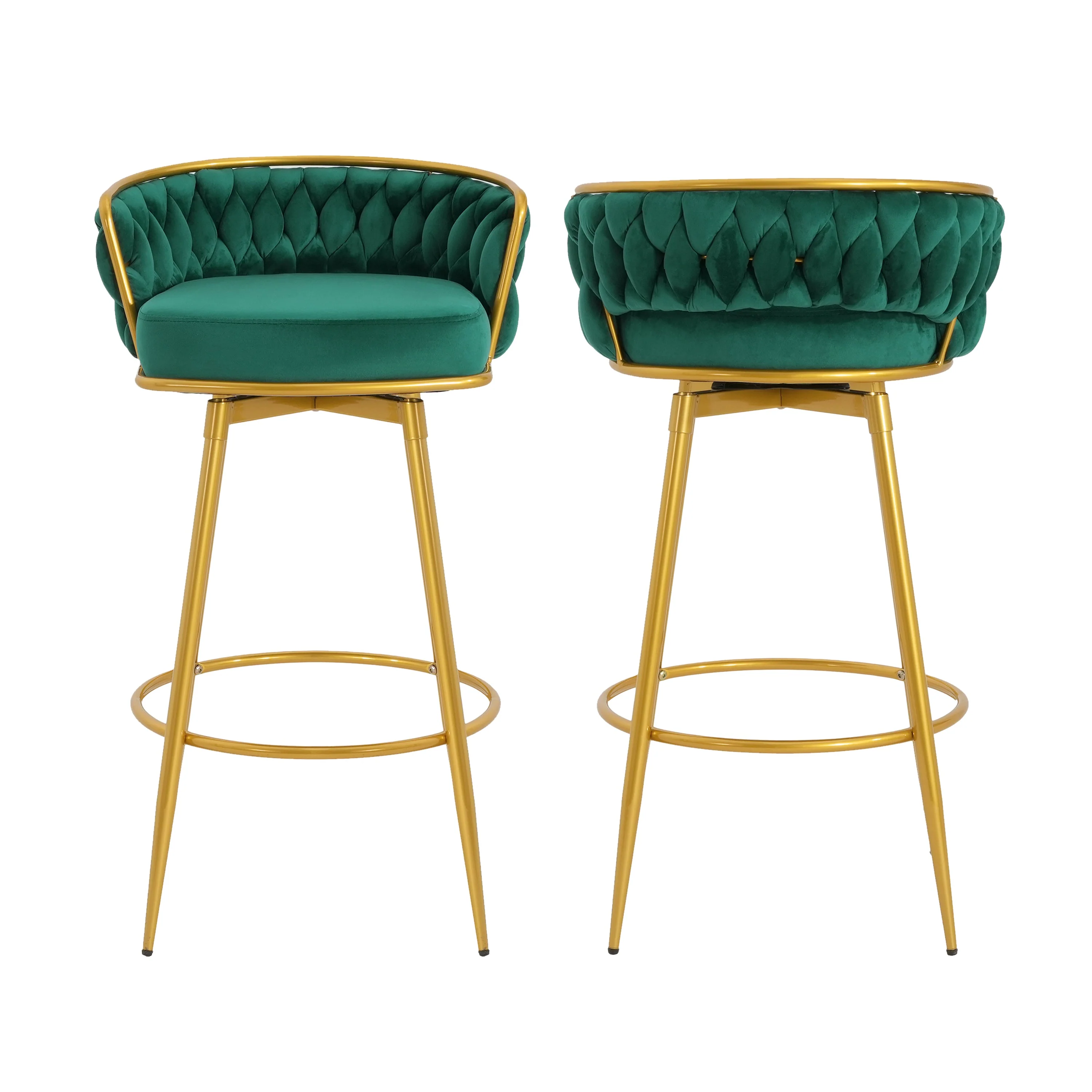 Set of 2 Velvet Swivel Bar Stools 180¡ã Gold Frame w/ Woven Back & Footrest