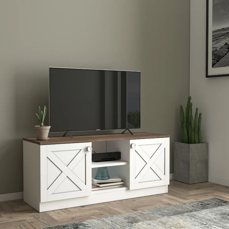 White Modern TV Stand with 2-Door Storage Cabinets & Open Center Shelf – Fits up to 65