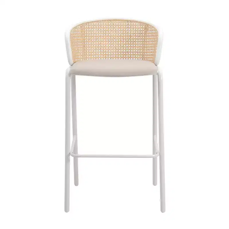 LeisureMod Ervilla Wicker Bar Stool with Fabric Seat and White Steel Frame, Indoor Kitchen, Home Bar, Counter, Island, Modern Dining Room Seating