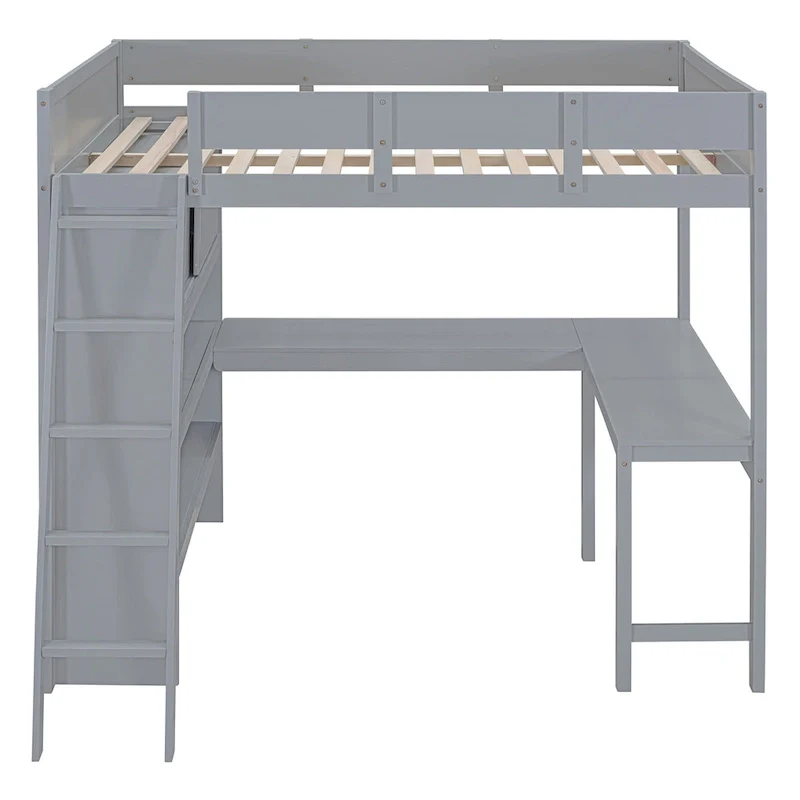 Full Size Loft Bed with Desk & Shelf – Gray / White – Fits 1 Person