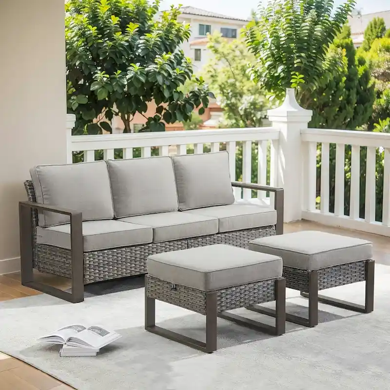 Outdoor PE Wicker Sofa and 2 Ottomans - Grey