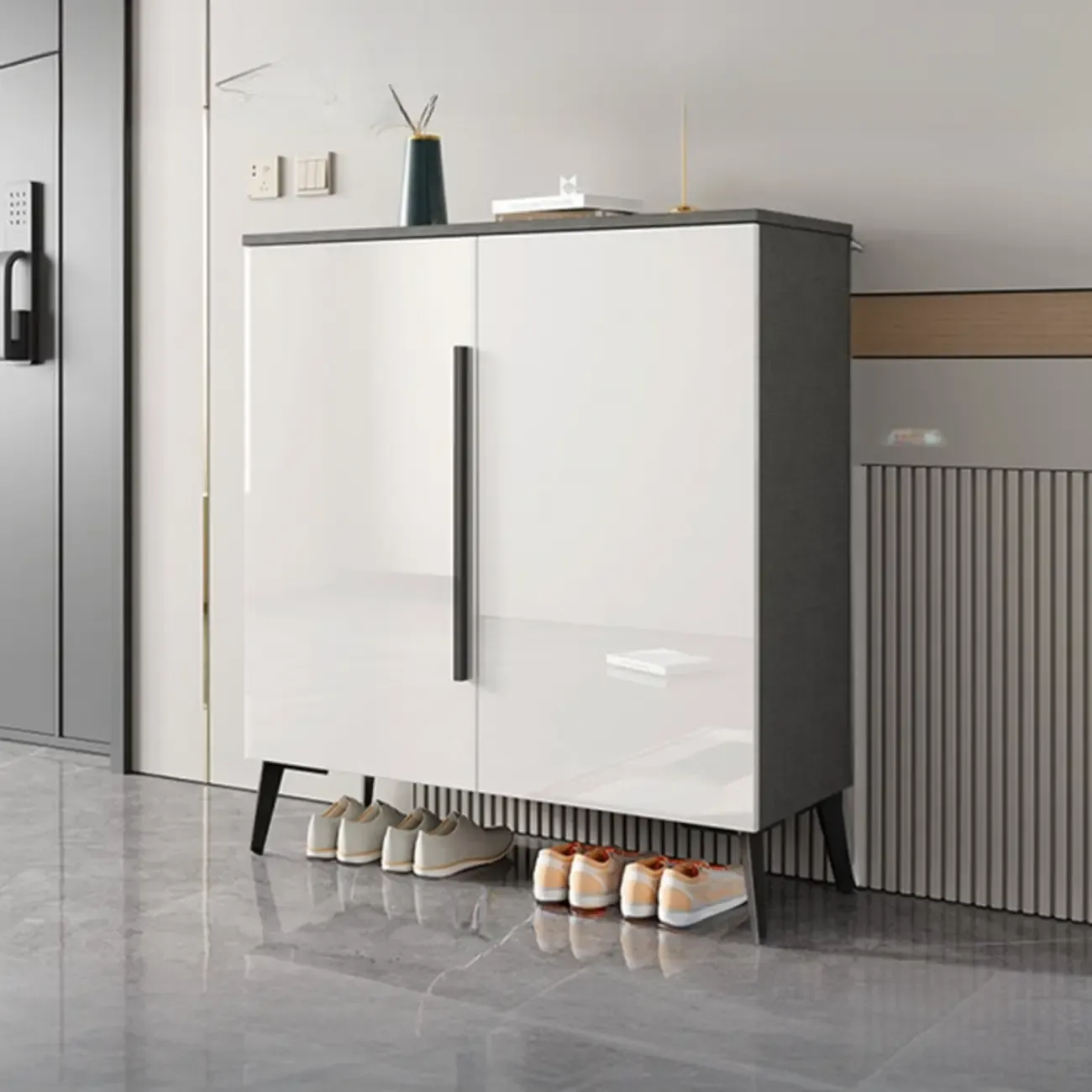 Trendy Gray-White Wooden Shoe Cabinet with Display Top