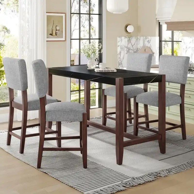 Modern 5-Piece Counter Height Dining Table Set, Faux Marble Bar Table and 4 Upholstered-Seat Chairs